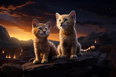 Premium AI Image | Cute cat on mountain sun set Pixar style cartoon wallpaper