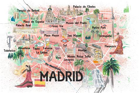 Madrid Spain Illustrated Travel Map With Roads Landmarks and - Etsy UK