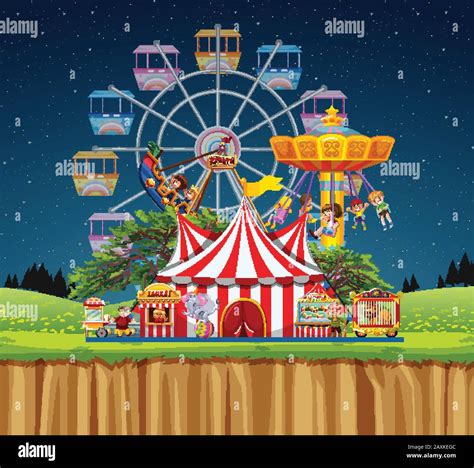 Circus scene with people on the rides at night illustration Stock Vector Image & Art - Alamy