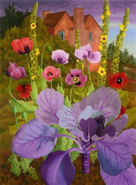 an oil painting of flowers in front of a house with purple and red ...