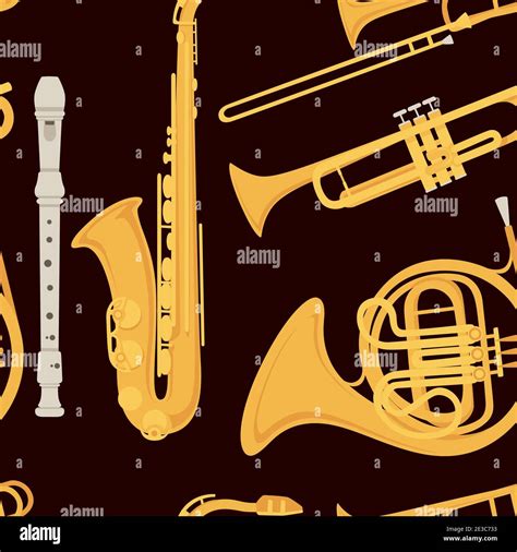 Seamless pattern Saxophone and classical French horn musical instrument with flowing musical ...