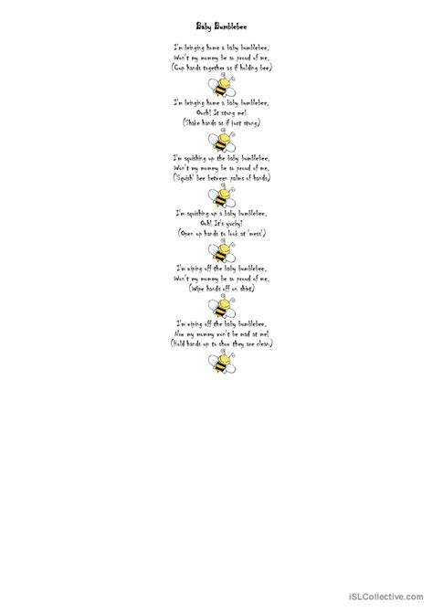 Baby Bumblebee song and nursery rhym…: English ESL worksheets pdf & doc