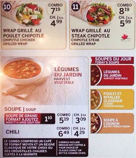 Menu at Tim Hortons cafe, Gatineau, 327 Boulevard Maloney E