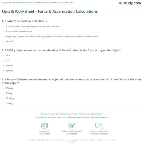 Quiz & Worksheet - Force & Acceleration Calculations | Study.com