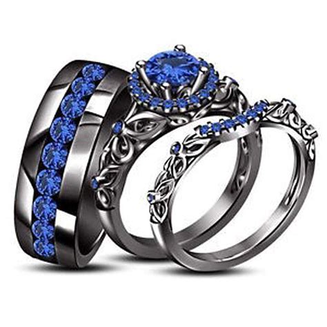 Silvernshine Jewels Vintage Style His and Hers Trio Wedding Ring Set 1.45 Ct Sapphire 14k Black ...