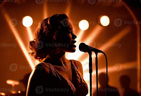 hembra jazz cantante en etapa durante un concierto iluminado por espectáculo luces. generar ai ...