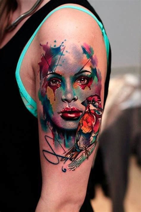 Wonderful colored watercolor style abstract woman portrait tattoo on ...