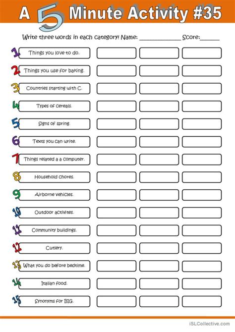 A-5-Minute Activity: English ESL worksheets pdf & doc