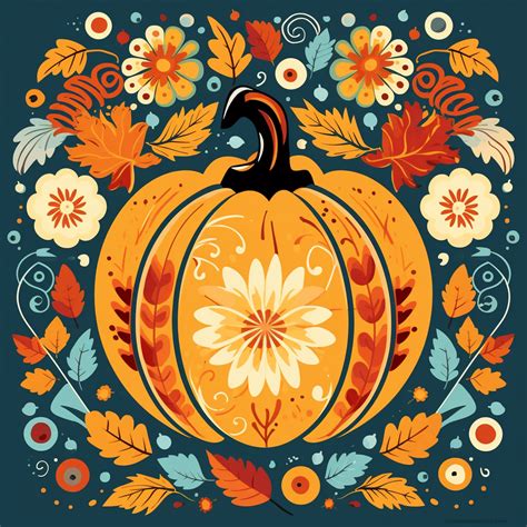 Design a pumpkin clipart inspired by folk art and folklore, where each section depicts a ...