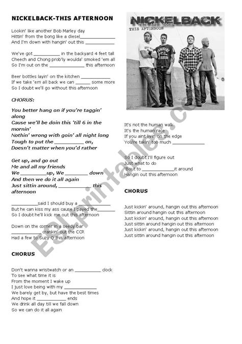 Nickelback This Afternoon Crossword and song sheet - ESL worksheet by ...