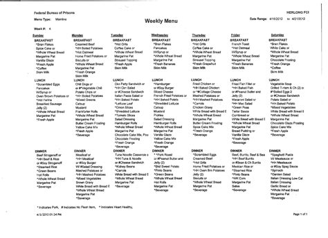 Prison camp's weekly meal menus