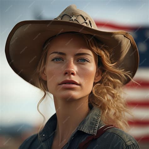 Premium AI Image | A highly attractive woman wearing a cowboy hat with an American flag in the ...