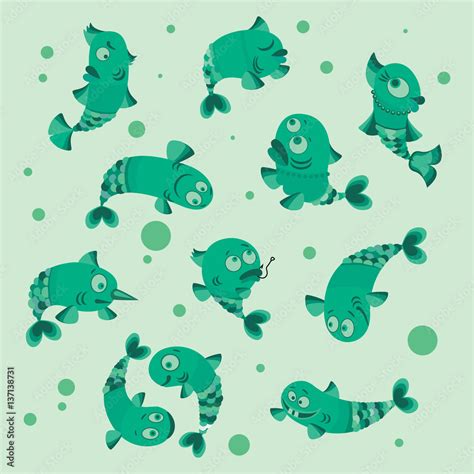 Funny fish collection vector illustration of a flat style. Stock Vector ...