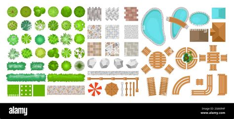 Vector illustration set of park elements for landscape design. Top view ...