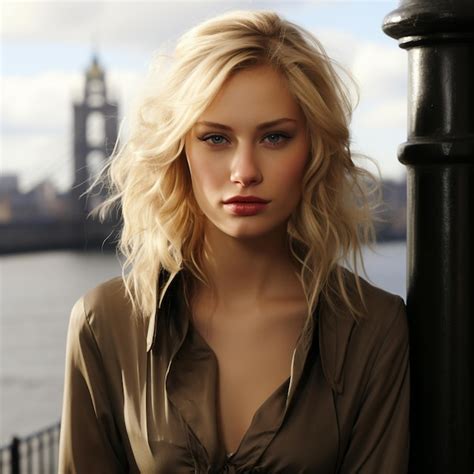 Premium AI Image | a woman with blonde hair and a brown jacket is standing by a black lamp post.