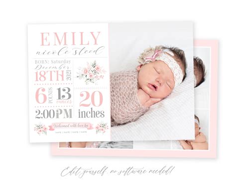 Customizable Birth Announcement Card Template for Baby Girls - Baby ...