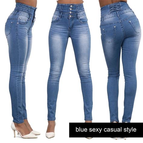 Womens Ladies High Waisted Blue Skinny Fit Jeans Stretch Denim Jegging Size 6-16 | eBay