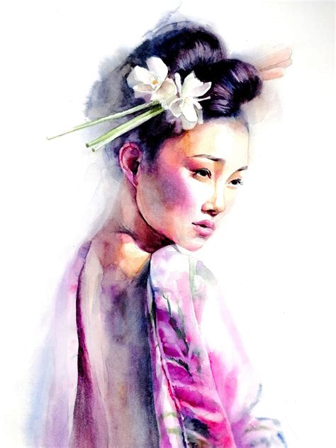 Asian art art for living room, Girl art, Japanese watercolor painting ORIGINAL artwork above bed ...