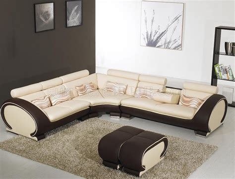 Beige Leather Modern Sectional Sofa Dark Brown Sides YI-816