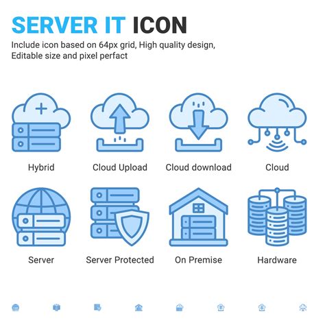 Server IT and technology icon set. Editable size. With blue ui style on ...