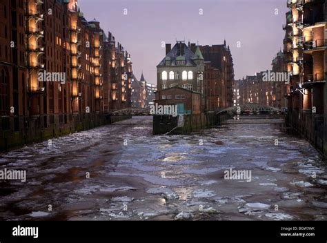 Frozen canals during winter in Speicherstadt historic warehouse ...