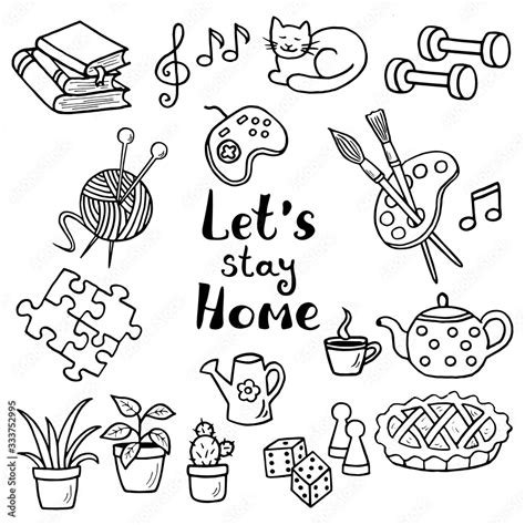 A set of hand-drawn doodle home activities, hobbies, coloring page ...