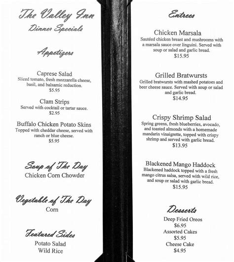 Menu at Valley Inn pub & bar, Williamsport