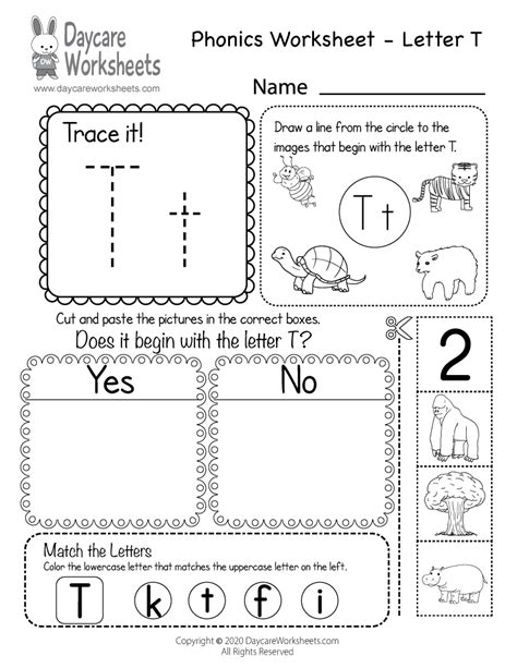 Free Beginning Sounds Letter T Phonics Worksheet for Preschool