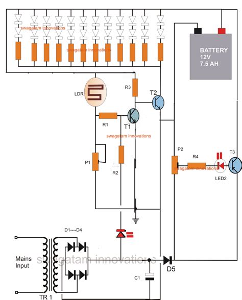 LED Emergency Light Circuit With Battery Over Charge Protection