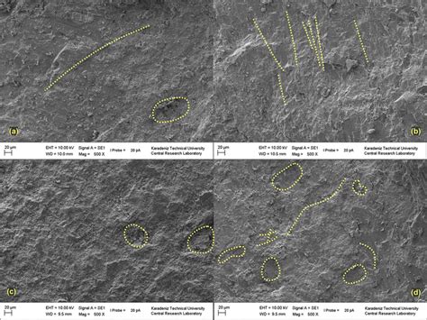 SEM images of 4 untreated basalt porphyry samples. a, b, c, and d ...