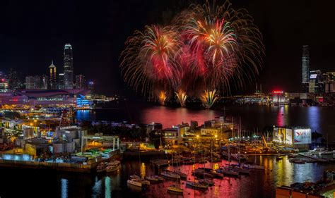 Hong Kong, Victoria Harbour, Fireworks, Pier, Night, Yacht, Skyscraper ...