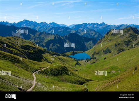 Seealp Lake, Laufbacher Eck-Weg hiking trail, Nebelhorn Mountain, Oberstdorf, Allgaeu, Bavaria ...