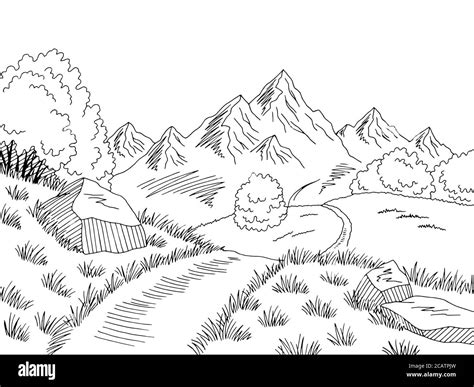 Mountain road graphic black white landscape sketch illustration vector ...