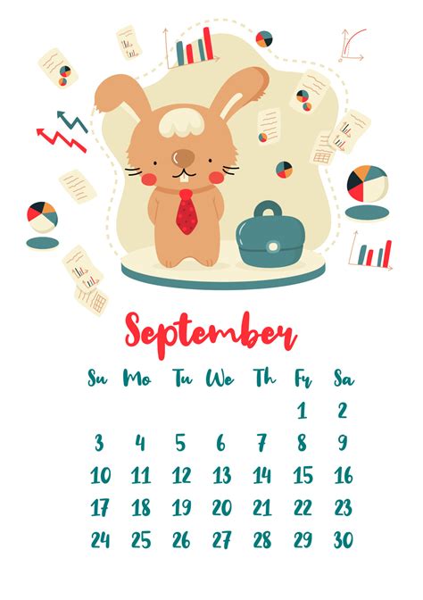 Vertical vector calendar for september 2023 with cute cartoon business rabbit. The year of the ...