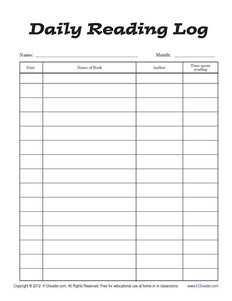 47 Printable Reading Log Templates for Kids, Middle School & Adults