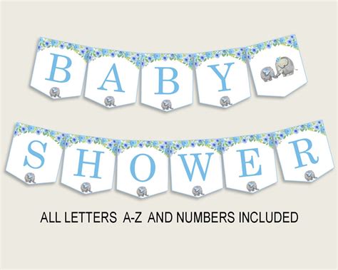 Elephant Blue Baby Shower Banner All Letters, Birthday Party Banner Printable A-Z, Blue Gray ...