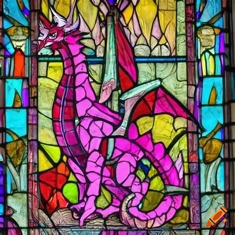 Gothic style stained glass window with a dragon