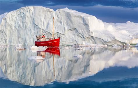 Wallpaper sea, reflection, Denmark, iceberg, boat, Greenland, Denmark, Greenland, Disko Bay, the ...