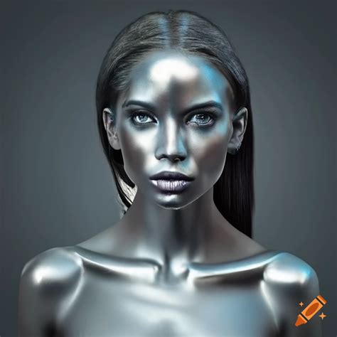 Close-up of model with silver chrome skin on Craiyon