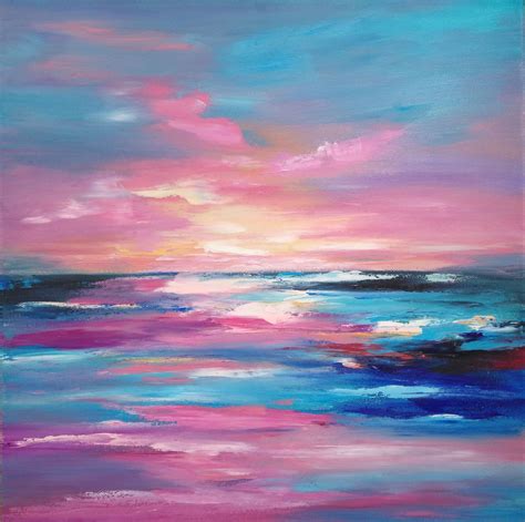 Seascape oil painting on canvas colorful modern painting sea pink palette knife impasto painting ...