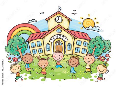 Happy cartoon children playing in front of school building, back to ...