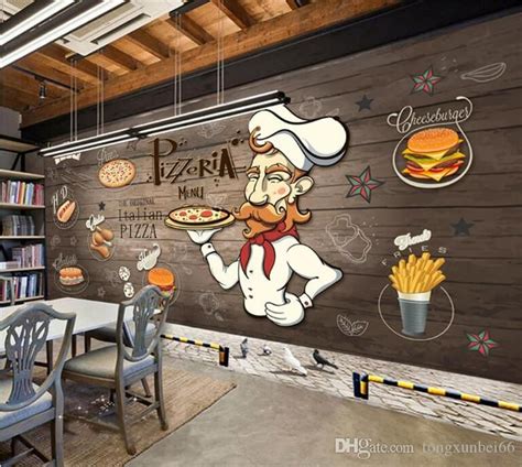 Hand painted wood pizza restaurant backdrop Tea shop Western restaurant wallpaper fast food shop ...