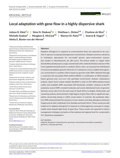 (PDF) Local adaptation with gene flow in a highly dispersive shark