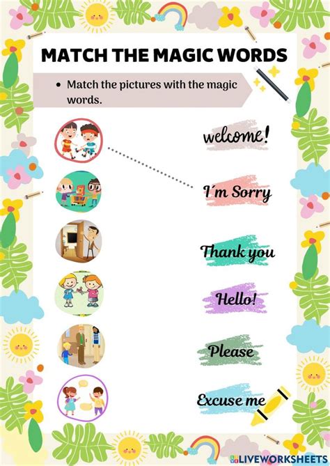 a poster with words and pictures on it that say, match the magic words in different languages