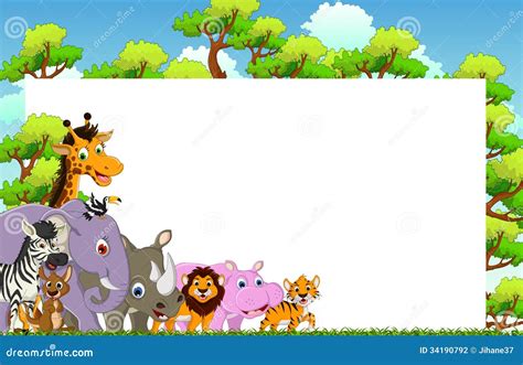 Cute Animal Cartoon with Blank Sign and Tropical Forest Background Stock Illustration ...