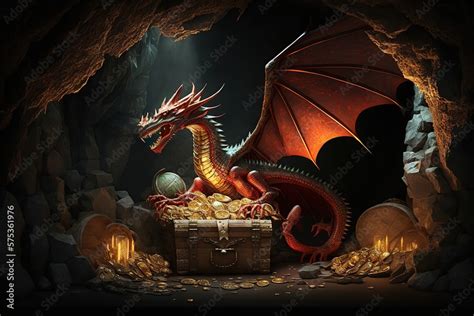 Cave with dragon and treasure, piles of gold coins, jewelry and gem. Ai ...