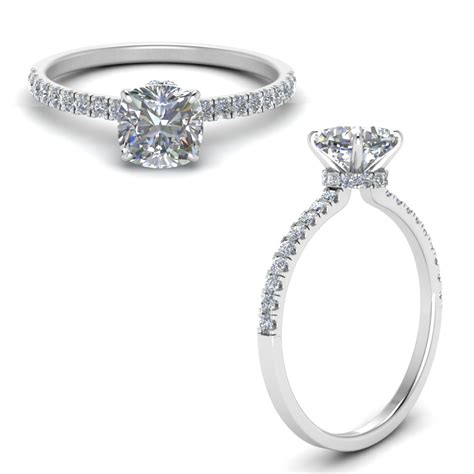 Hidden Halo Petite Cushion Cut diamond Engagement Ring In 14K White Gold | Fascinating Diamonds