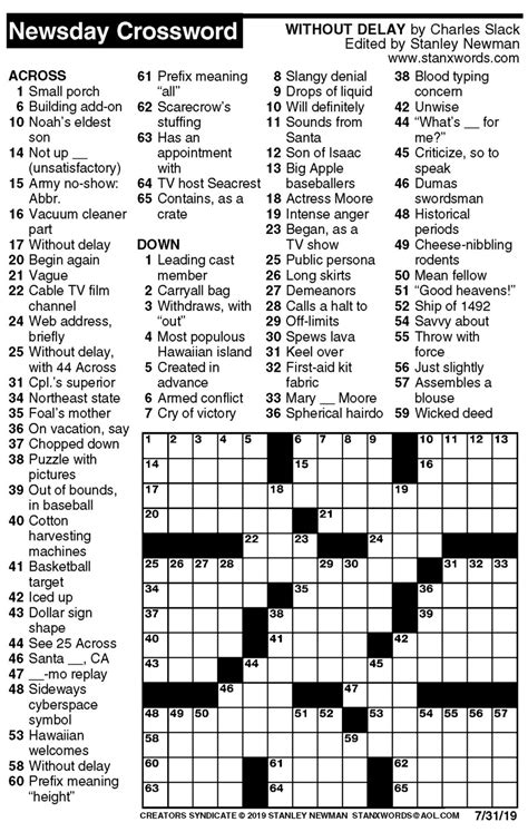 Newsday Crossword Puzzle for Jul 31, 2019, by Stanley Newman | Creators ...