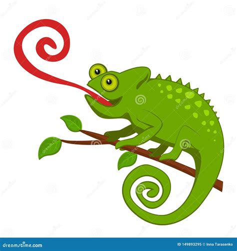 Chameleon with a Long Tongue Sitting on a Branch. Stock Vector - Illustration of tree, lizard ...