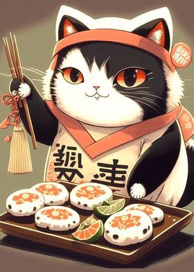 'Sushi Cat Chef Japan' Poster by Silhouette Anime Art | Displate